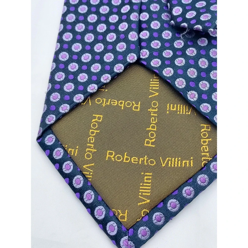 Roberto Villini Collezione Mens Silk Tie Purple Grey Geometric Medallion Navy